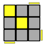 Top layer of Rubik's cube with 3 corner pieces needing to orient anti-clockwise so that yellow is on the top.